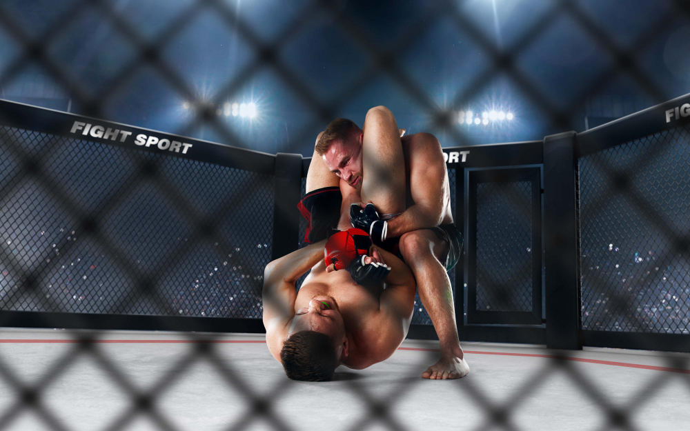 MMA fighters in the octagon mid-fight